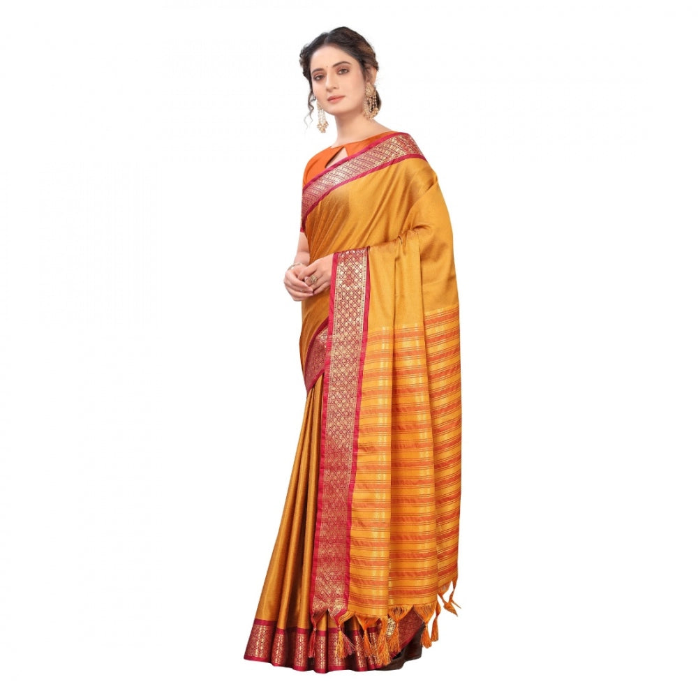 Generic Women's Cotton Silk Saree With Blouse (Mustard, 5-6Mtrs)