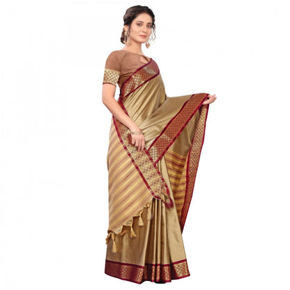 Generic Women's Cotton Silk Saree With Blouse (Beige, 5-6Mtrs)