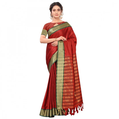 Generic Women's Cotton Silk Saree With Blouse (Red, 5-6Mtrs)