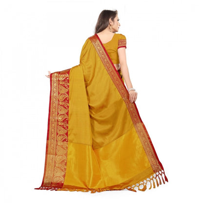 Generic Women's Cotton Silk Saree With Blouse (Mustard Red, 5-6Mtrs)