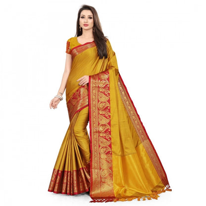 Generic Women's Cotton Silk Saree With Blouse (Mustard Red, 5-6Mtrs)