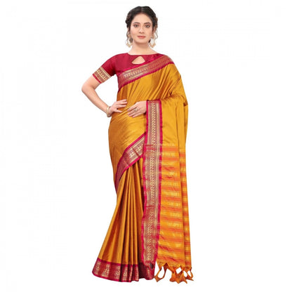 Generic Women's Cotton Silk Saree With Blouse (Yellow, 5-6Mtrs)