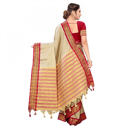 Generic Women's Cotton Silk Saree With Blouse (Cream, 5-6Mtrs)