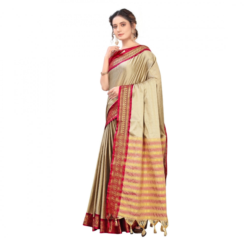 Generic Women's Cotton Silk Saree With Blouse (Cream, 5-6Mtrs)