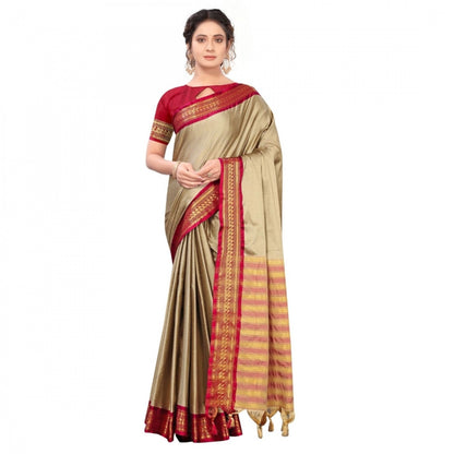 Generic Women's Cotton Silk Saree With Blouse (Cream, 5-6Mtrs)