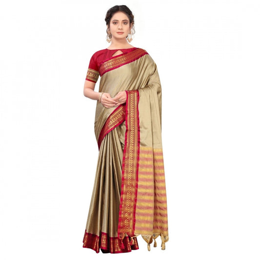 Generic Women's Cotton Silk Saree With Blouse (Cream, 5-6Mtrs)