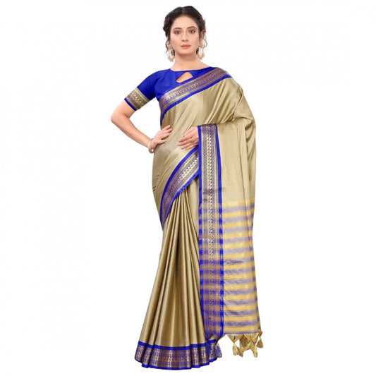 Generic Women's Cotton Silk Saree With Blouse (Blue, 5-6Mtrs)