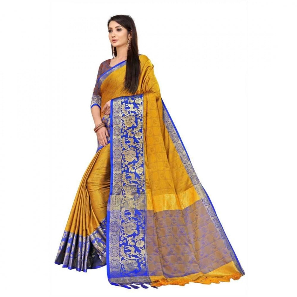 Generic Women's Cotton Silk Saree With Blouse (Yellow, 5-6Mtrs)