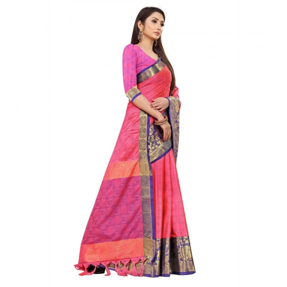 Generic Women's Cotton Silk Saree With Blouse (Pink, 5-6Mtrs)