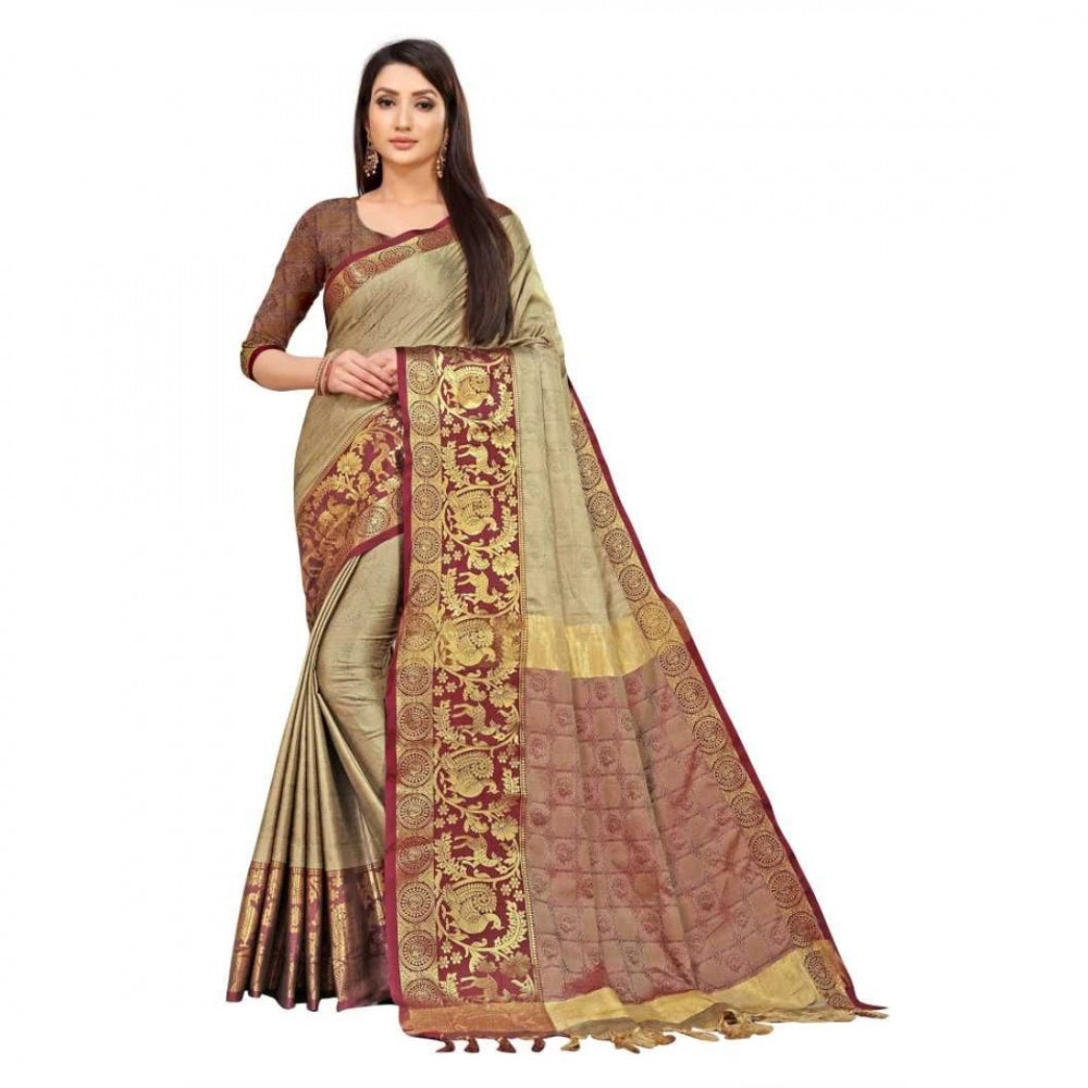 Generic Women's Cotton Silk Saree With Blouse (Beige, 5-6Mtrs)