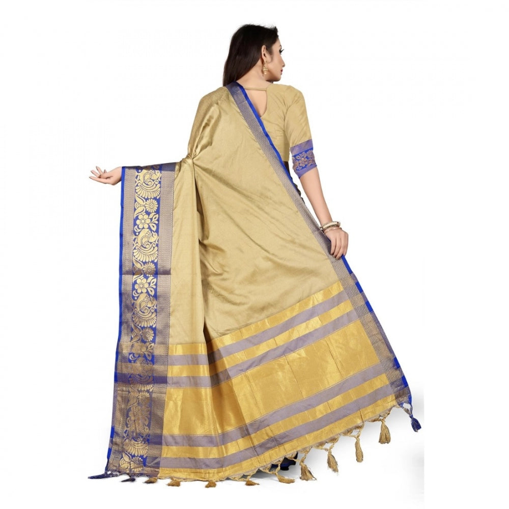 Generic Women's Cotton Silk Saree With Blouse (Blue, 5-6Mtrs)