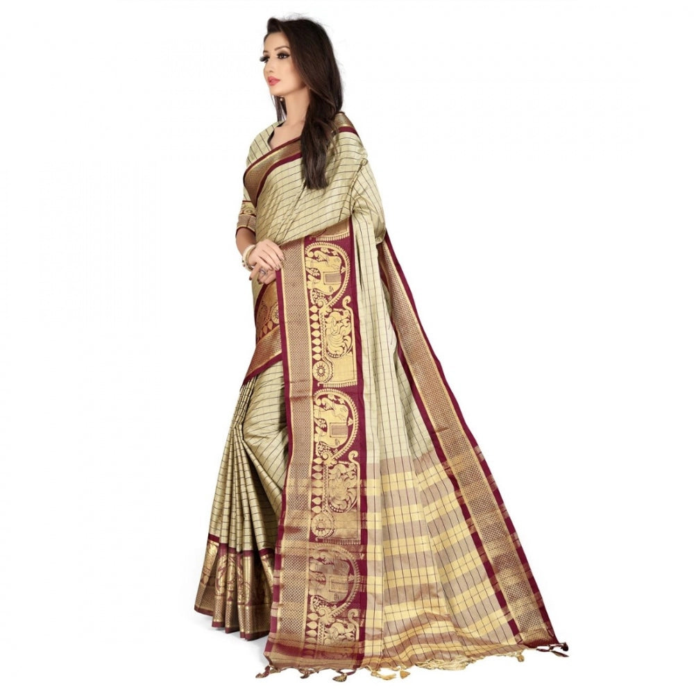 Generic Women's Cotton Silk Saree With Blouse (Chiku, 5-6Mtrs)