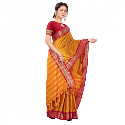 Generic Women's Cotton Silk Saree With Blouse (Yellow, 5-6Mtrs)