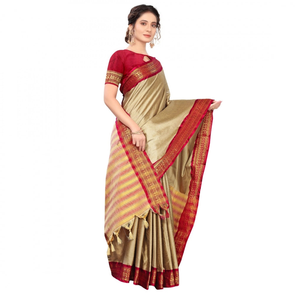 Generic Women's Cotton Silk Saree With Blouse (Cream, 5-6Mtrs)