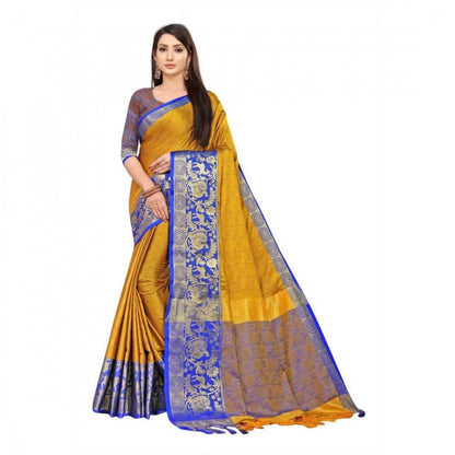 Generic Women's Cotton Silk Saree With Blouse (Yellow, 5-6Mtrs)