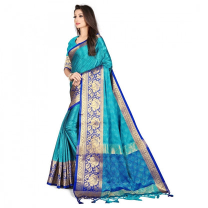 Generic Women's Cotton Silk Saree With Blouse (Navy Blue, 5-6Mtrs)