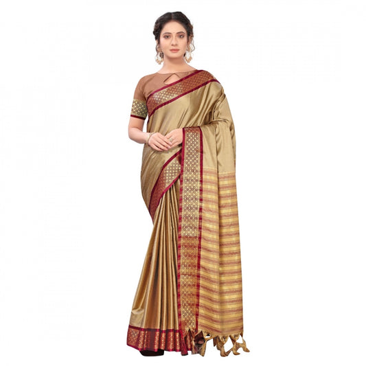 Generic Women's Cotton Silk Saree With Blouse (Beige, 5-6Mtrs)