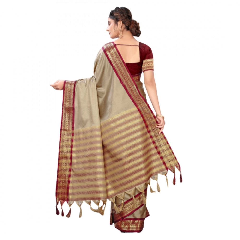 Generic Women's Cotton Silk Saree With Blouse (Beige, 5-6Mtrs)