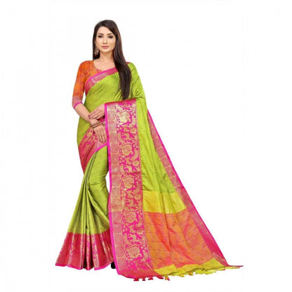 Generic Women's Cotton Silk Saree With Blouse (Parrot Green, 5-6Mtrs)