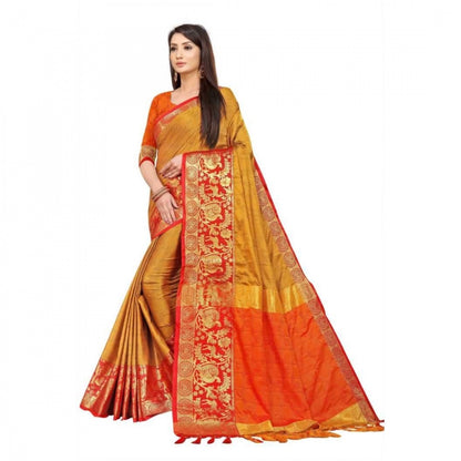 Generic Women's Cotton Silk Saree With Blouse (Orange, 5-6Mtrs)