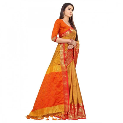 Generic Women's Cotton Silk Saree With Blouse (Orange, 5-6Mtrs)