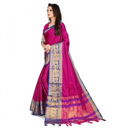 Generic Women's Cotton Silk Saree With Blouse (Blue, 5-6Mtrs)