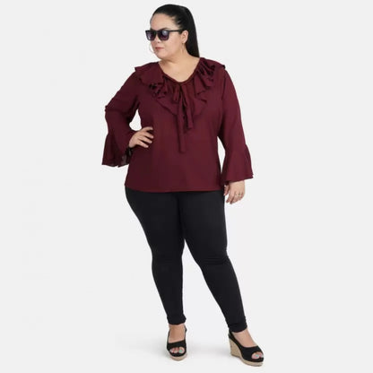 Generic Women's Casual Bell Sleeve Solid Maroon Top (Color:Maroon, Material:Georgette)