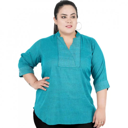 Generic Women's Casual Three Fourth Sleeve Embroidered Light Green Top (Color:Light Blue, Material:Cotton Linen Blend)