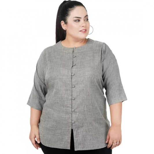 Generic Women's Casual Solid Grey Top (Color:Grey, Material:Cotton Linen Blend)