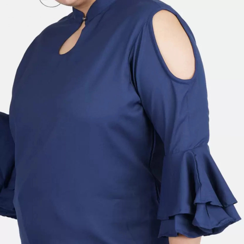 Generic Women's Casual Bell Sleeve Solid Blue Top (Color:Blue, Material:Crepe)