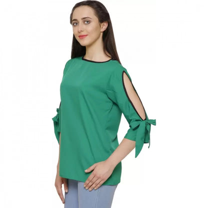 Generic Women's Casual Slit Sleeve Solid Green Top (Color:Green, Material:Poly Crepe)