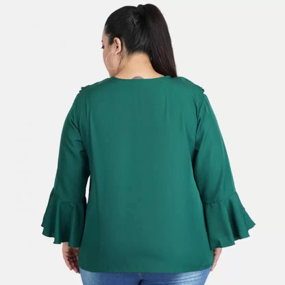 Generic Women's Casual Bell Sleeve Solid Green Top (Color:Green, Material:Georgette)