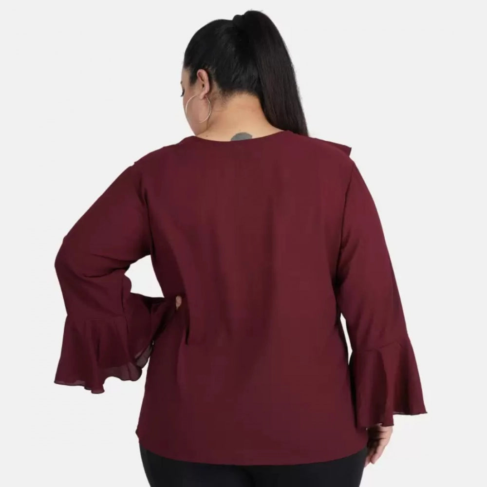 Generic Women's Casual Bell Sleeve Solid Maroon Top (Color:Maroon, Material:Georgette)