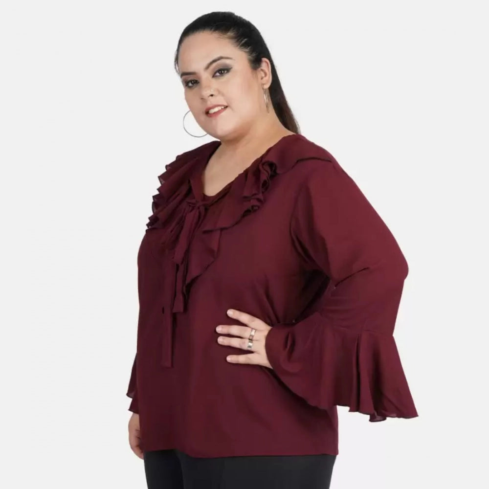 Generic Women's Casual Bell Sleeve Solid Maroon Top (Color:Maroon, Material:Georgette)