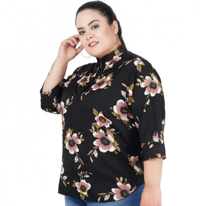 Generic Women's Casual Three Fourth Sleeve Printed Black Top (Color:Black, Material:Poly Crepe)