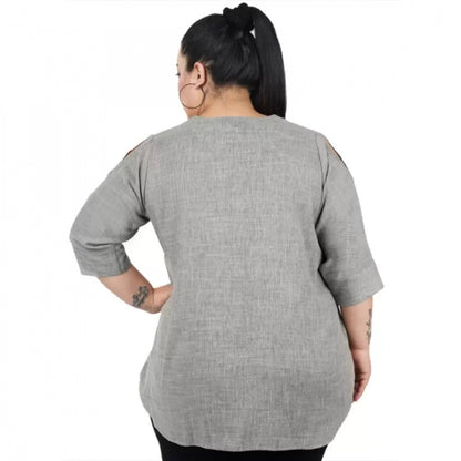 Generic Women's Casual Solid Grey Top (Color:Grey, Material:Cotton Linen Blend)