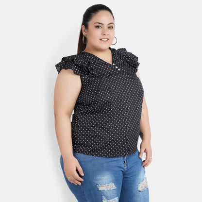 Generic Women's Casual Flutter Sleeve Polka Print Black Top (Color:Black, Material:Crepe)