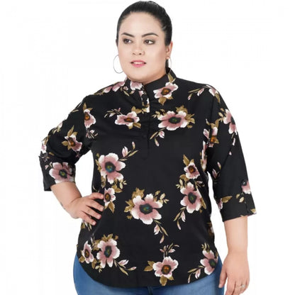 Generic Women's Casual Three Fourth Sleeve Printed Black Top (Color:Black, Material:Poly Crepe)