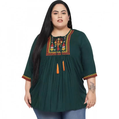 Generic Women's Casual Embroidered Dark Green Top (Color:Dark Green, Material:Rayon)