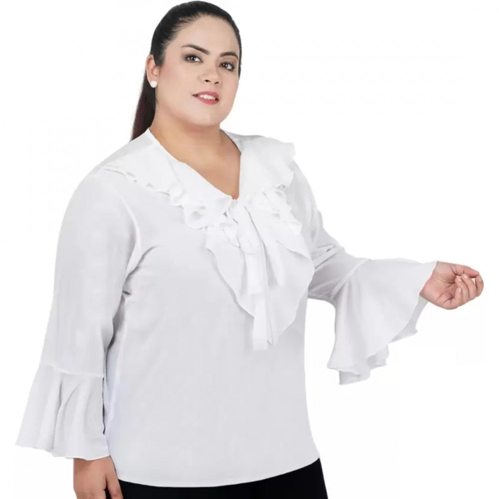 Generic Women's Casual Bell Sleeve Solid White Top (Color:White, Material:Georgette)