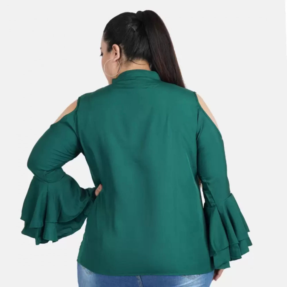 Generic Women's Casual Bell Sleeve Solid Green Top (Color:Green, Material:Crepe)