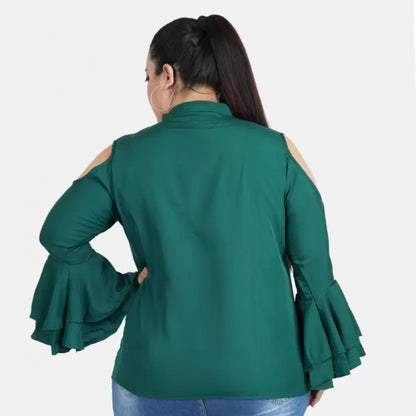 Generic Women's Casual Bell Sleeve Solid Green Top (Color:Green, Material:Crepe)