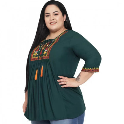 Generic Women's Casual Embroidered Dark Green Top (Color:Dark Green, Material:Rayon)