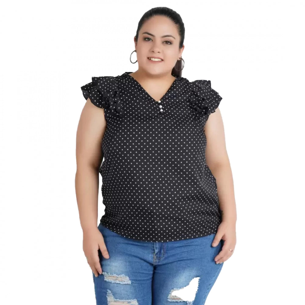 Generic Women's Casual Flutter Sleeve Polka Print Black Top (Color:Black, Material:Crepe)