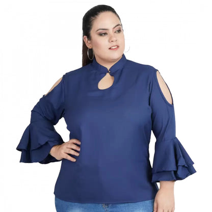 Generic Women's Casual Bell Sleeve Solid Blue Top (Color:Blue, Material:Crepe)