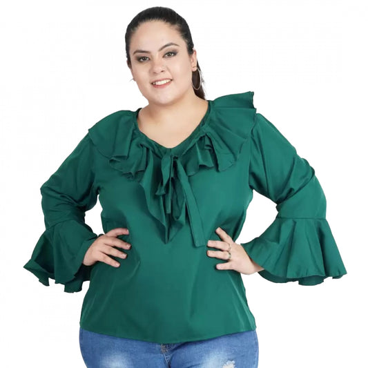 Generic Women's Casual Bell Sleeve Solid Green Top (Color:Green, Material:Georgette)