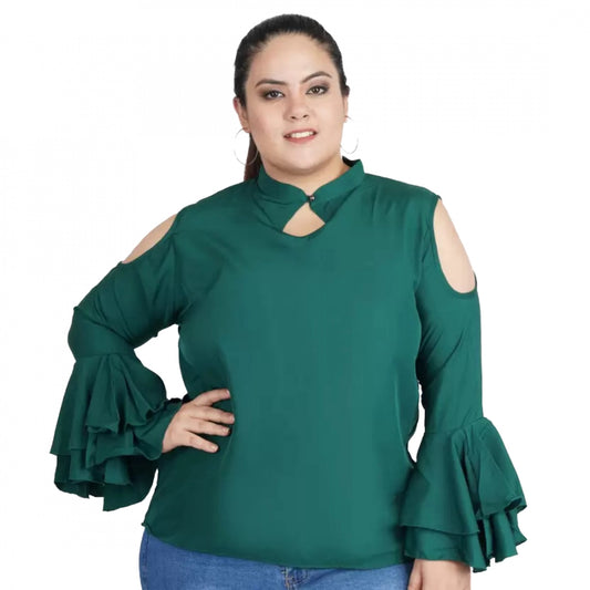 Generic Women's Casual Bell Sleeve Solid Green Top (Color:Green, Material:Crepe)