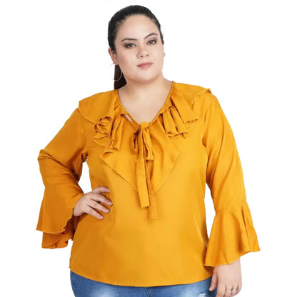 Generic Women's Casual Bell Sleeve Solid Yellow Top (Color:Yellow, Material:Georgette)