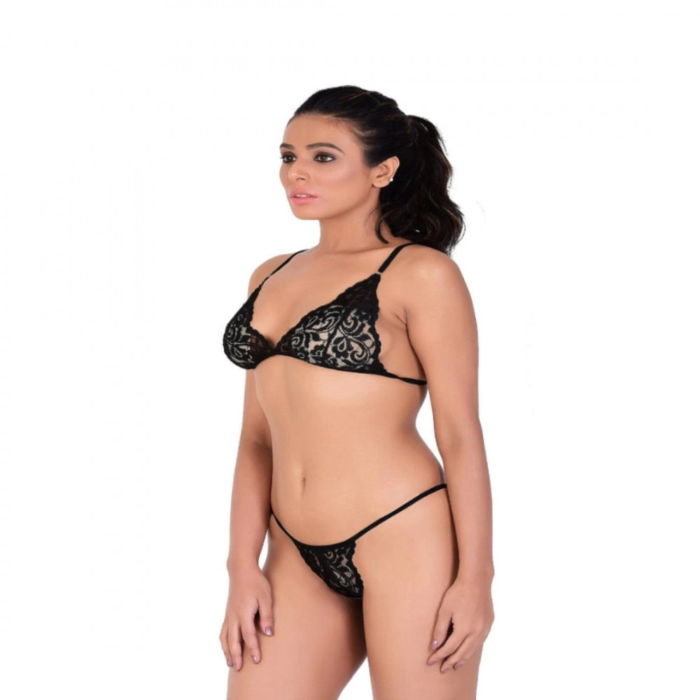 Generic Women's Lace Special Moment Black Tanga Lingerie Bra Panty Set (Black)