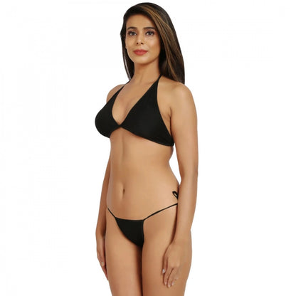 Generic Women's Nylon Spandex Black Bikini Sexy Bra Panty (Black)